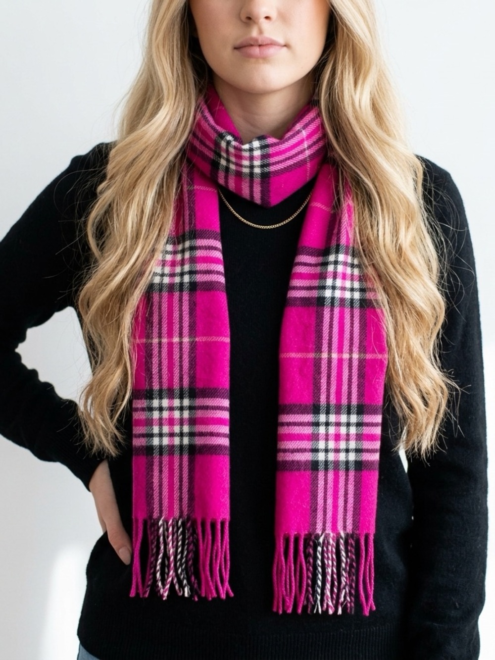 Vintage 100% Cashmere Plaid Fringed edges Scarf quiet luxury Barbiecore